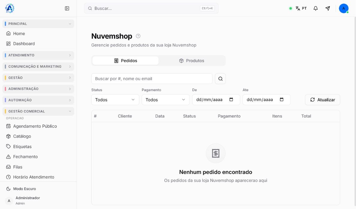 Tela Nuvemshop no Atendeu Rápido com aba Pedidos, busca e filtros de status, pagamento e período