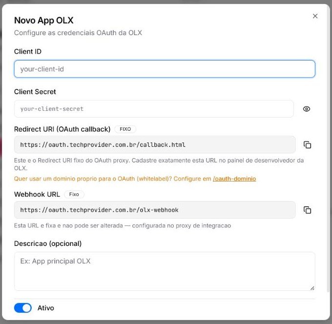 Formulário Novo App OLX com Client ID, Client Secret, Redirect URI e Webhook URL