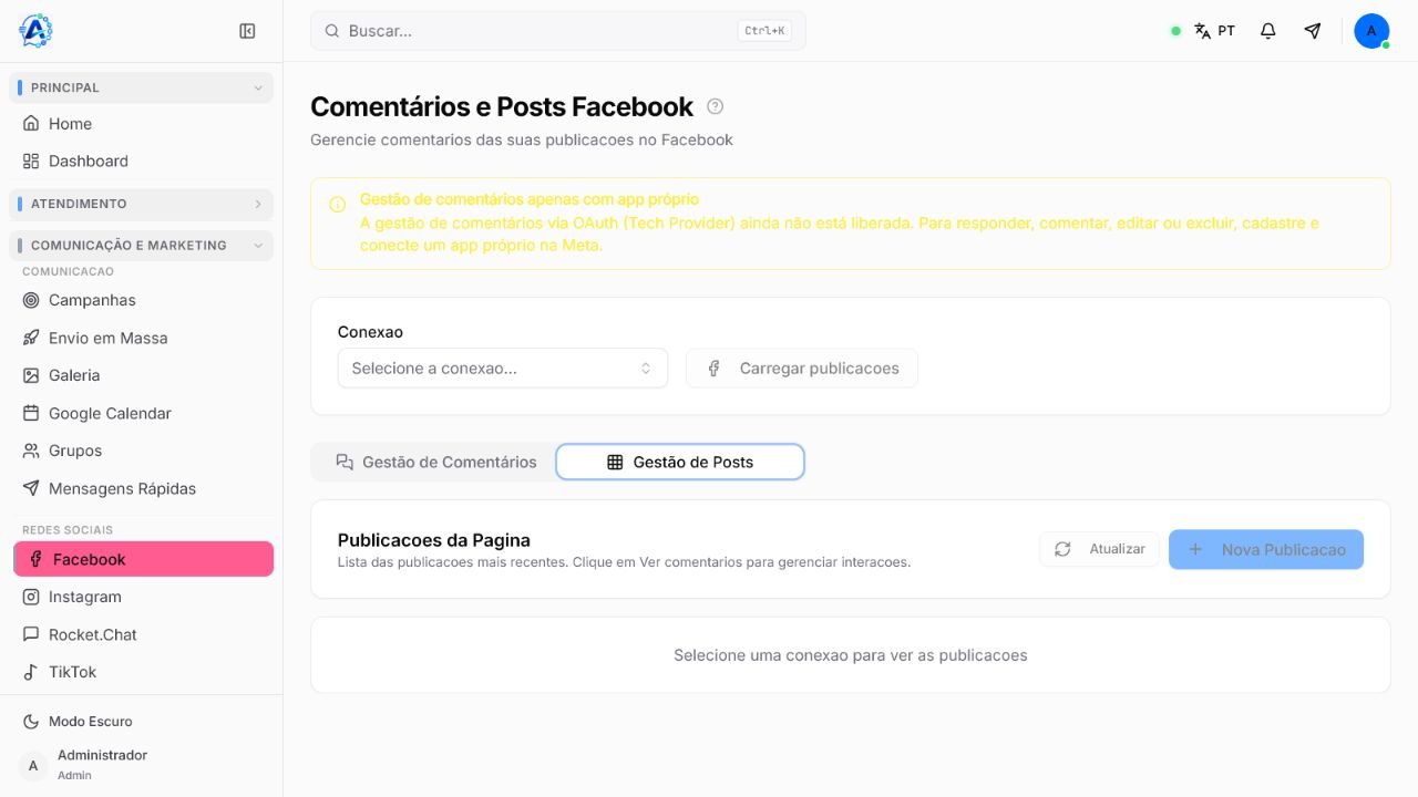 Aba Gestão de Posts com seleção de conexão e ações para atualizar ou criar uma publicação