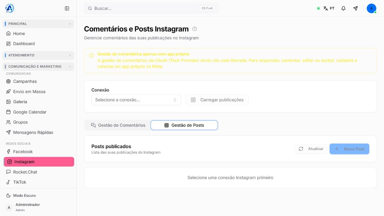 Aba Gestão de Posts com seleção de conexão e ações Atualizar e Novo Post