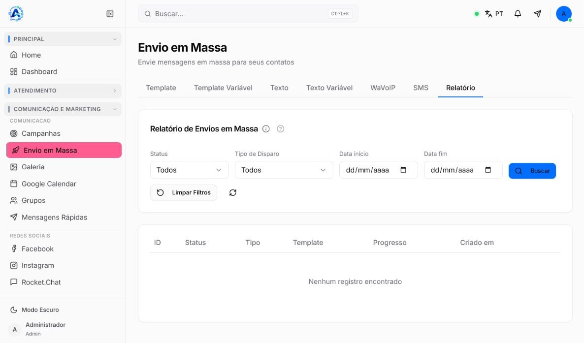 Tela Relatório de envios em massa vazia, com filtros de status, tipo e período