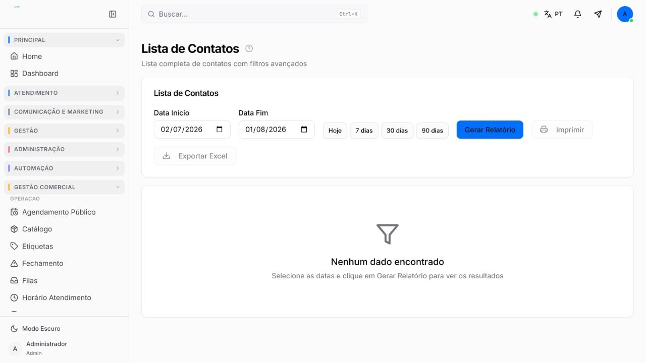 Relatório de lista de contatos do Atendeu Rápido com seleção de período e área de resultados