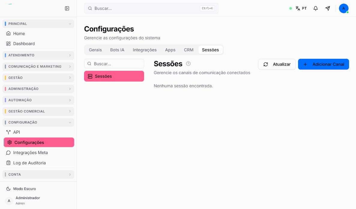 Tela de Sessões sem canais configurados, com os botões Atualizar e Adicionar Canal
