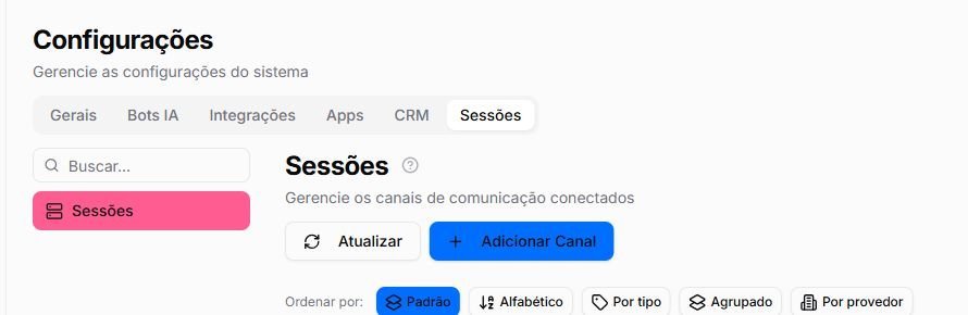 Tela de Sessões com busca, filtros, ordenação e controles de canais