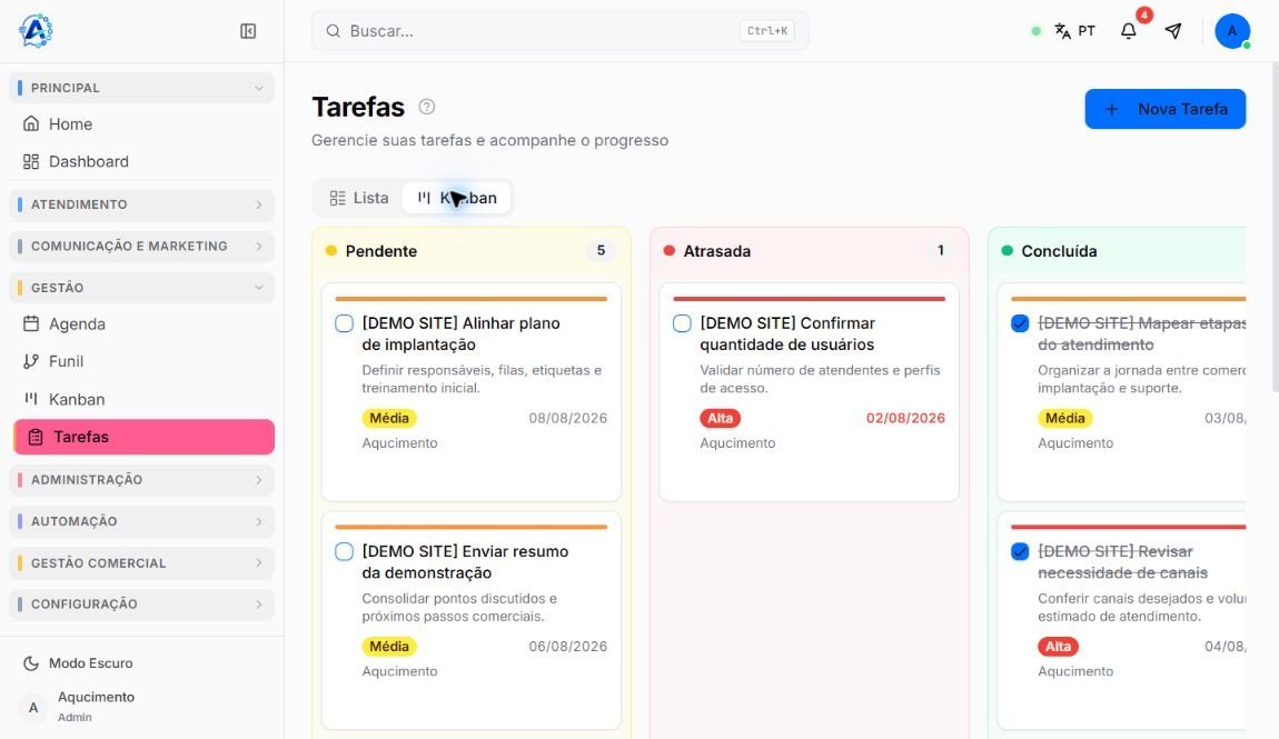 Kanban de tarefas demonstrativas distribuídas entre Pendente, Atrasada e Concluída