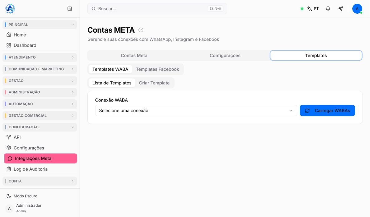Tela Templates WABA sem conexão selecionada e sem modelos carregados