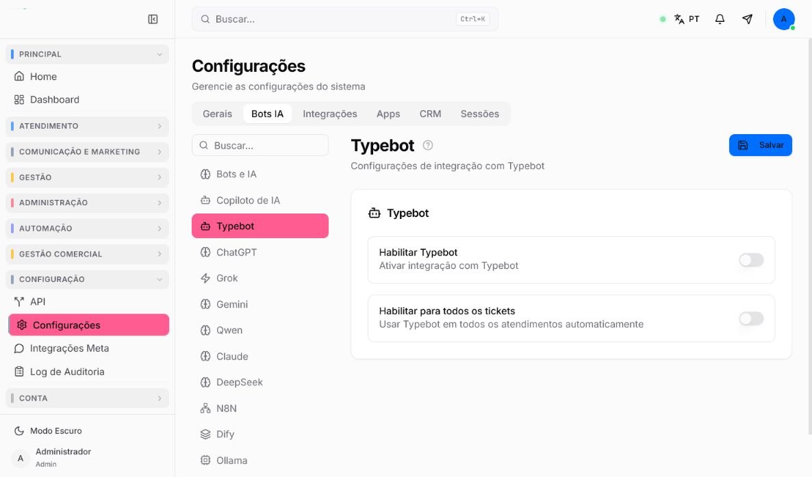 Configuração do Typebot no Atendeu Rápido com opções de habilitação