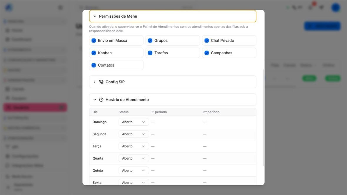 Configuração de permissões de menu e horário de atendimento de um usuário