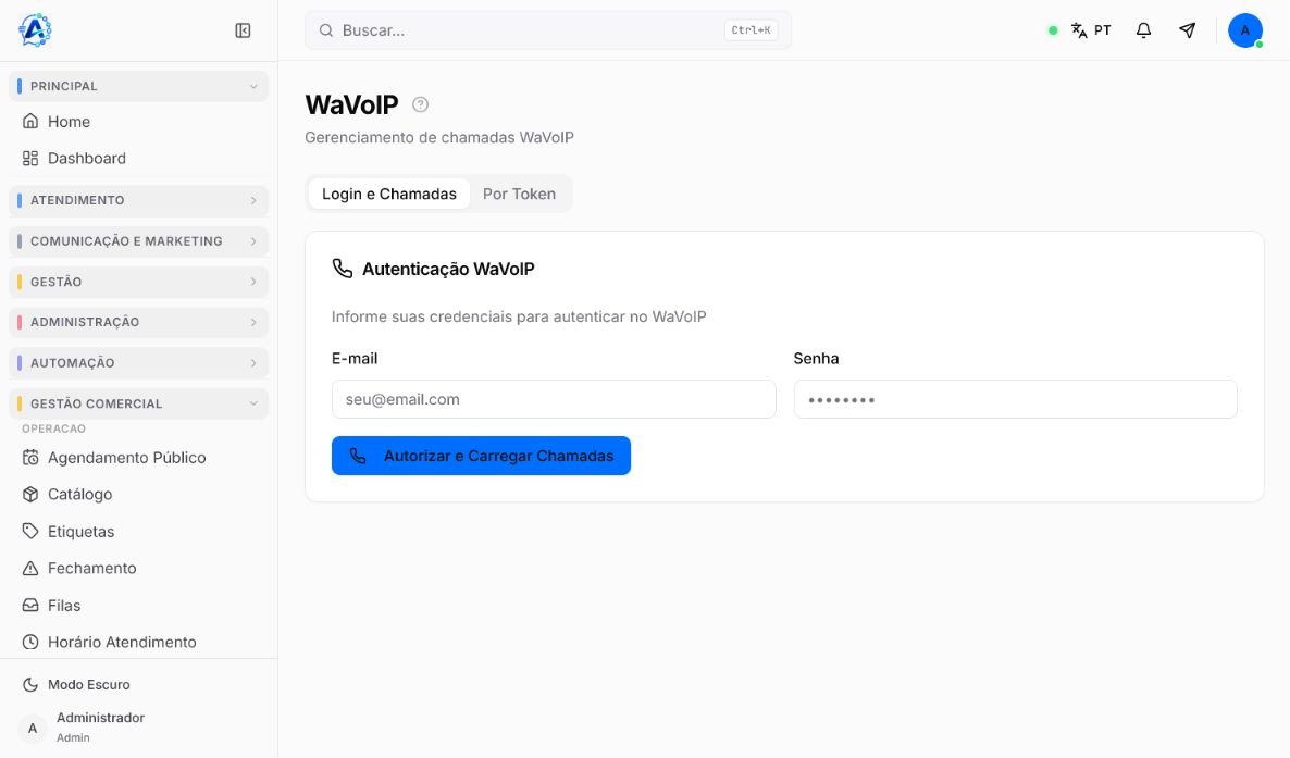 Painel WaVoIP no Atendeu Rápido com as abas Login e Chamadas e Por Token
