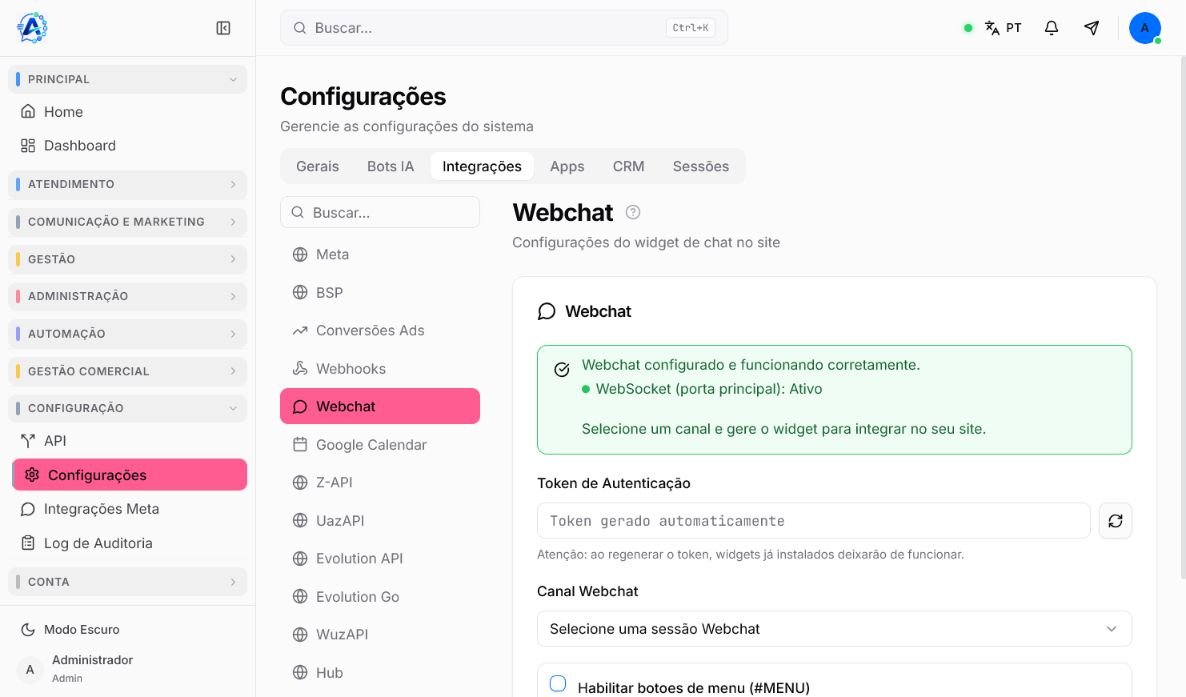 Tela de Webchat do Atendeu Rápido com seleção de canal, opção de menu e ação para gerar o widget