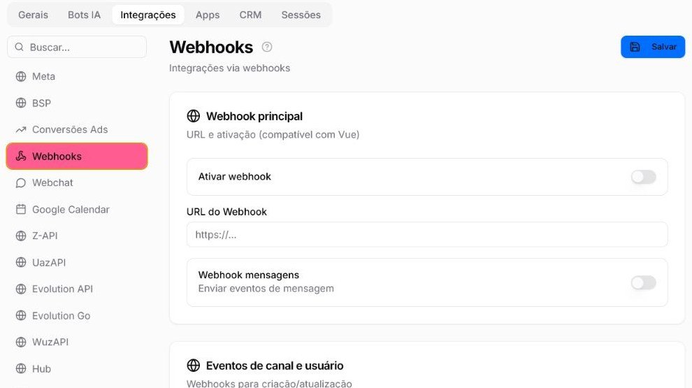 Configuração de webhooks com campos de endpoint e eventos