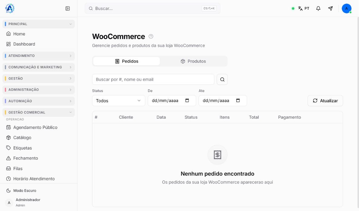 Tela WooCommerce no Atendeu Rápido com aba Pedidos, busca e filtros de status e período